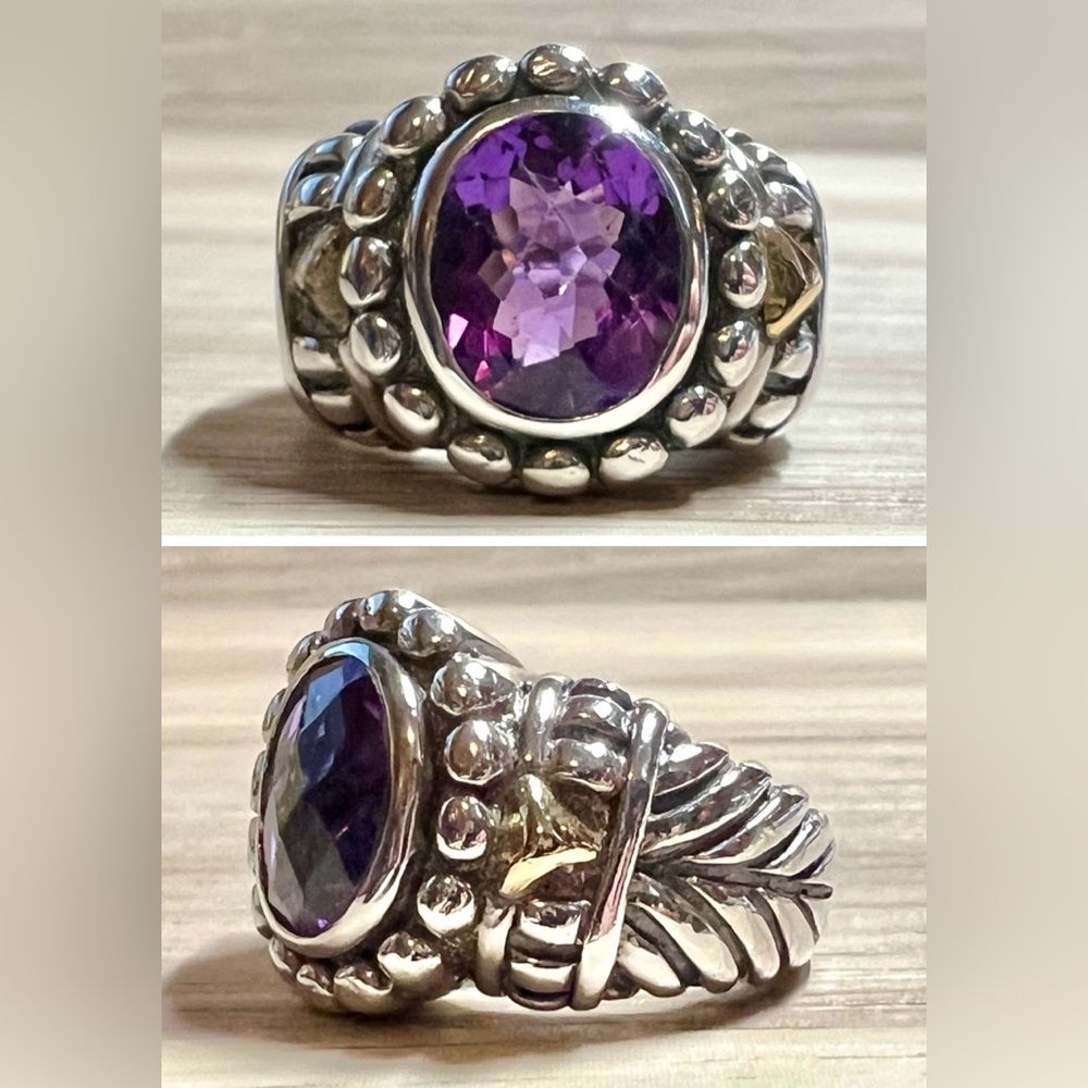 Vintage Designer Signed BJC Sterling Silver & 18K Gold Amethyst Ring, Size 6